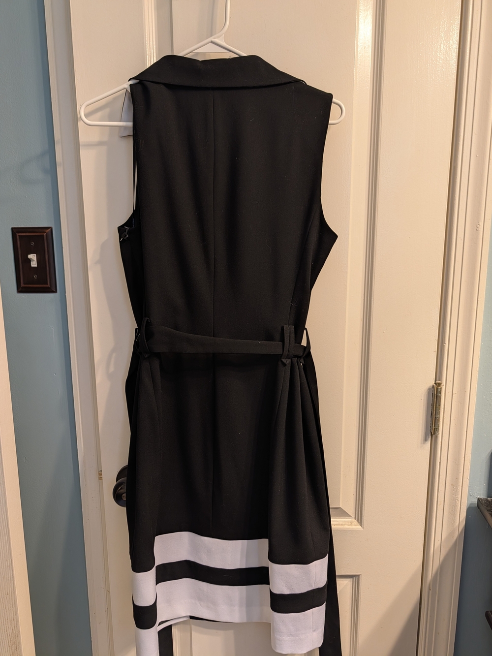 Calvin Klein Black Sleeveless Belted Dress with White Stripe Hem